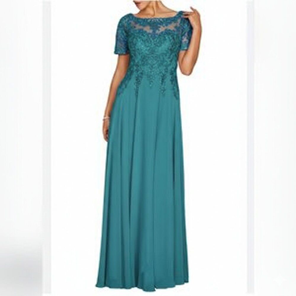 Boutique Illusion Teal Blue Gown with Sequin Details Size 18
